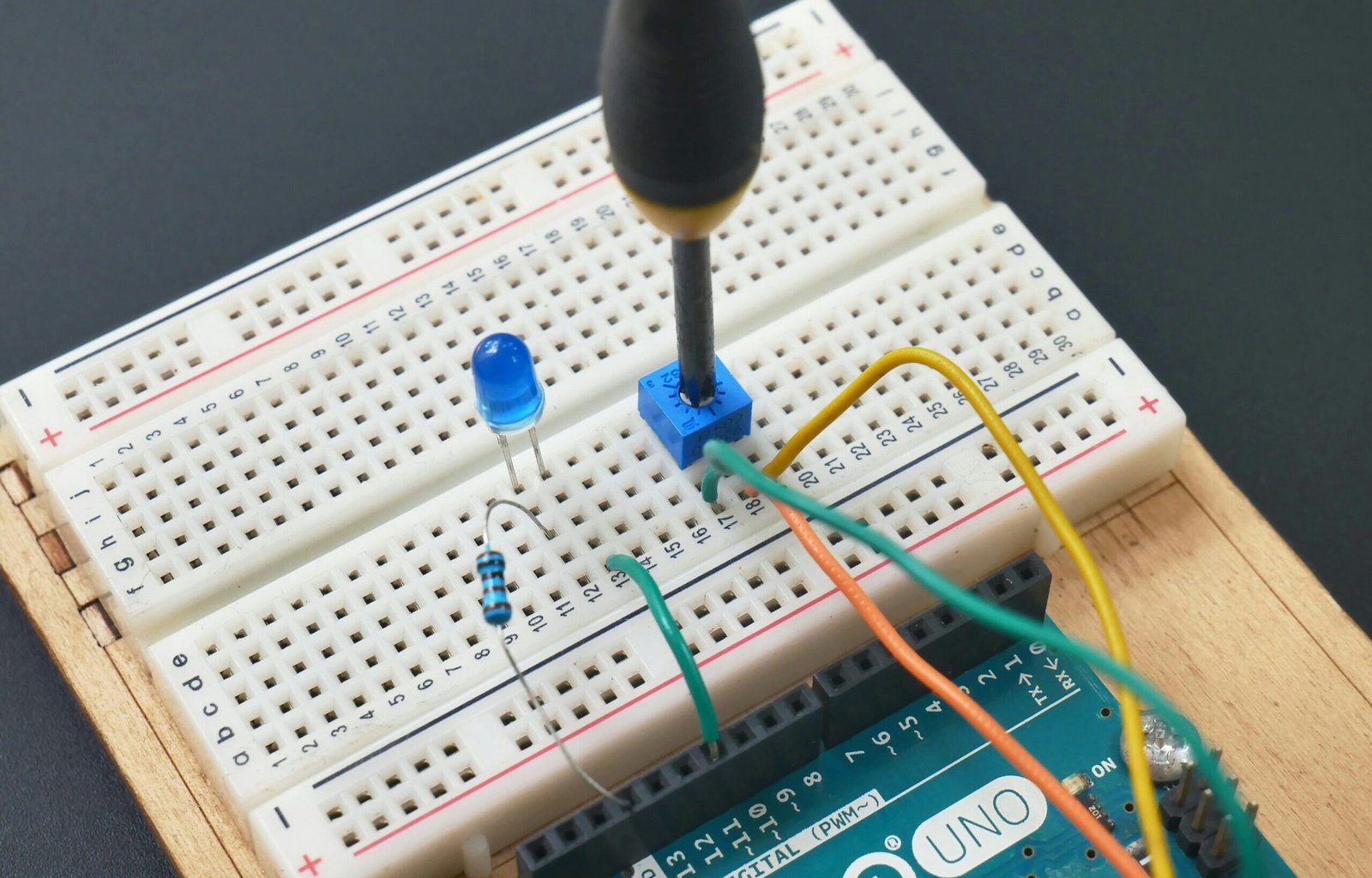 Hands-on Raspberry Pi Pico project showing a breadboard circuit with a blue LED and potentiometer being adjusted with a screwdriver.