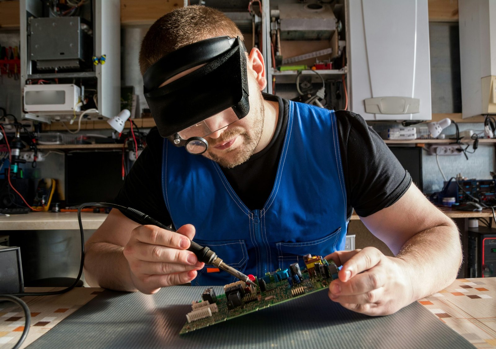 A technician focused on soldering components on a circuit board, wearing magnifying gear in a home electronics workshop.
