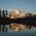 Snow-capped mountain reflected in a calm lake, a typical scene for a compact landscape camera